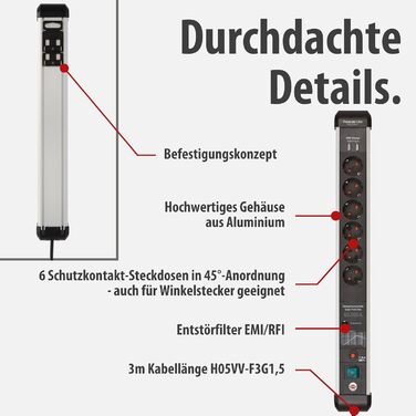 Бренненштуль Premium-Protect-Line Мережевий фільтр 6 виходів з USB та захистом від перенапруги (розподільник з вимикачем, 3м кабель, 2 USB 3.1A, Made in Germany) Сріблястий/чорний