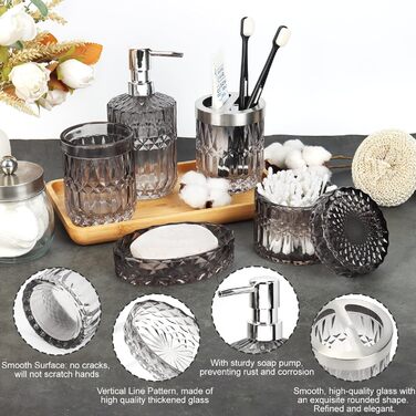 Набір аксесуарів для ванної кімнати зі скла: мильниця, дозатор мила, тримач для зубних щіток, стаканчик та контейнер для ватних паличок. Сучасний дизайн, градієнт, чорний та прозорий колір. Організатор для ванної кімнати.