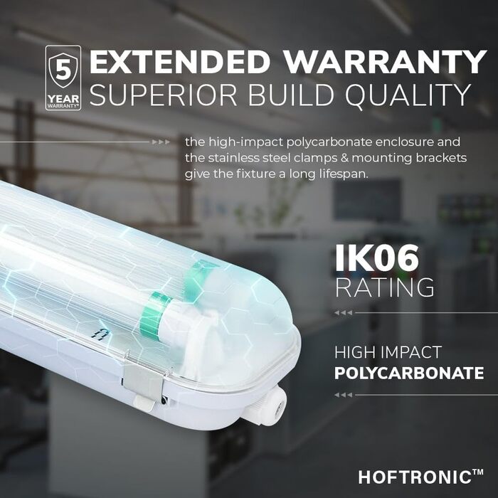 HOFTRONIC - LED Damp-Proof Light 150cm Cold White 60W 10500lm Flicker-Free Linkable T8 Workshop Lamp IP65 Waterproof Basin Light Double for Garage, Basement, Office (160lm/W, 6000K)