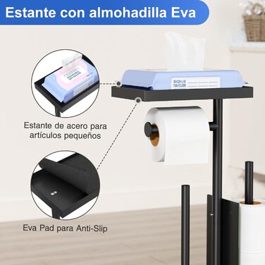 Тримач туалетного паперу з щіткою для унітазу, чорний матовий (з контейнером для серветок та скляною полицею)