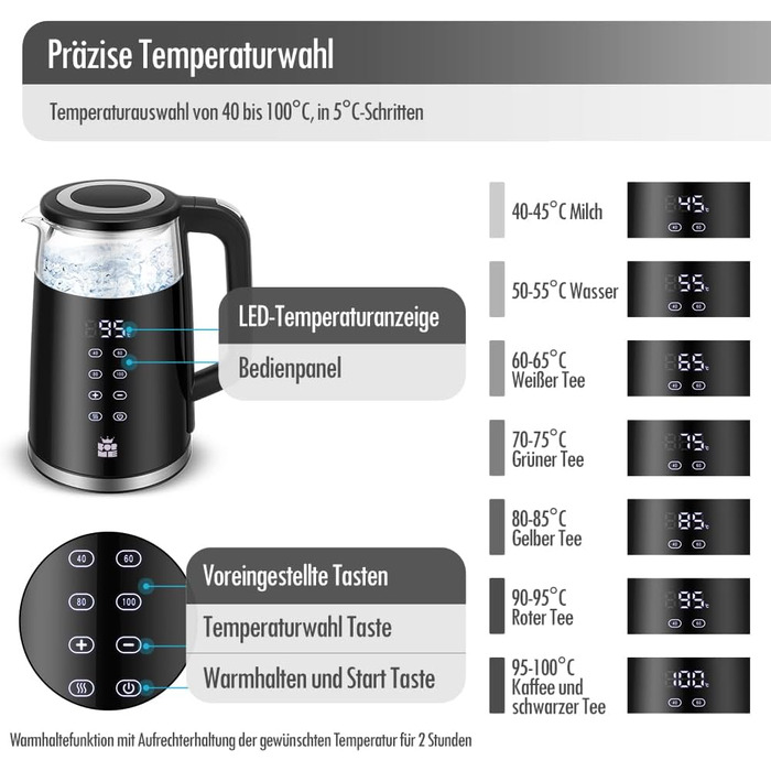 Електричний скляний чайник ForMe 1,7 л з регулюванням температури 40-100°C, LED-дисплей, функція підтримки тепла, BPA-free, нержавіюча сталь