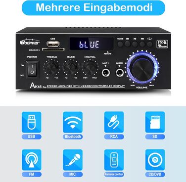 AK45 Pro HiFi підсилювач WOOPKER Mini, 500Вт, 2-канальний, Bluetooth, HiFi стерео з FM-радіо, USB, SD, RCA, MIC, аудіо ресивер для дому та авто