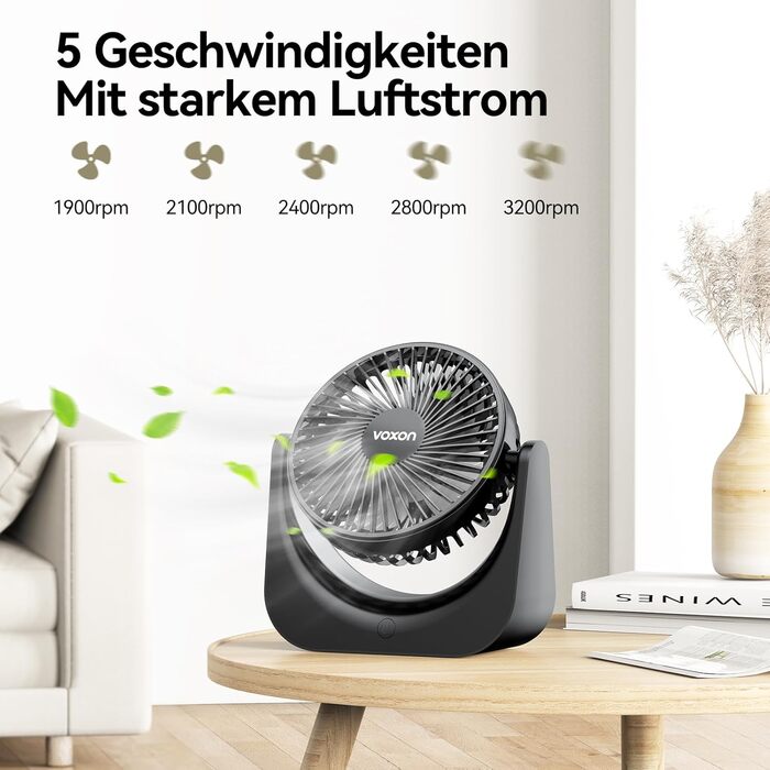 Настільний USB-вентилятор VOXON, міні-вентилятор з 5 швидкостями, безшумний портативний вентилятор для офісу та дому, кабель 1.5м, чорний