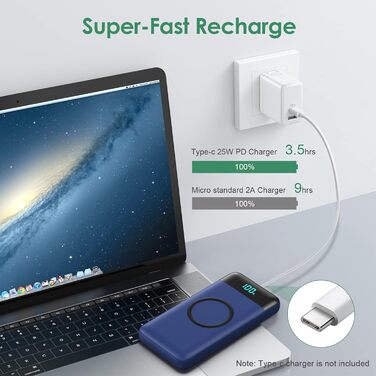 Бездротовий Power Bank 26800mAh 25W PD3.0 + QC4.0, зовнішній акумулятор з LCD-дисплеєм та швидкою зарядкою 15W, 4 USB-порти, для iPhone, Samsung, Huawei, Oppo — Синій