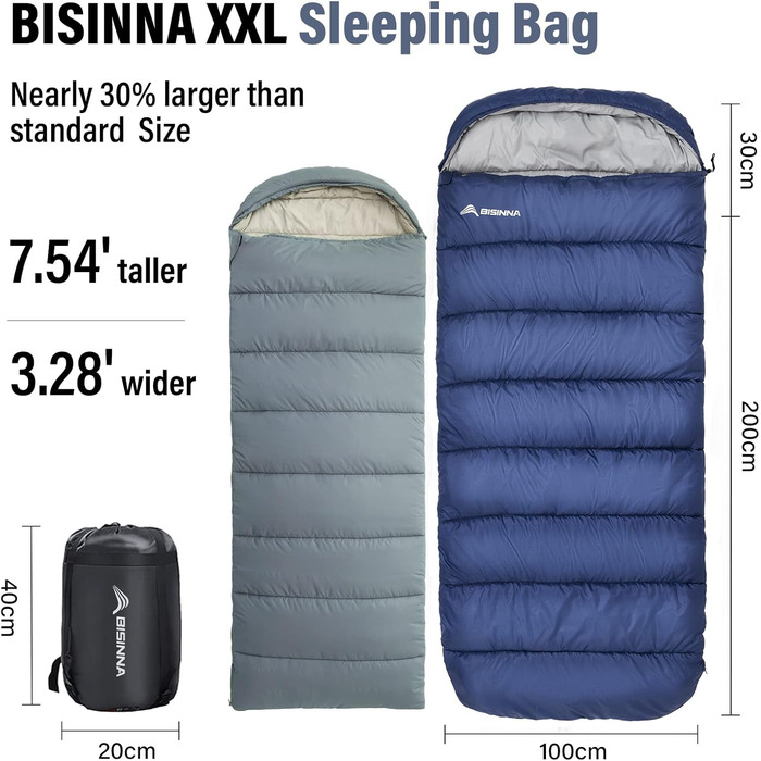Сплячий мішок BISINNA XXL (230 x 100 см) для великих людей, 3-4 сезони, водонепроникний, теплий, зручний, для кемпінгу, подорожей, хати та на вулиці (Морська хвиля, 2.5 кг, ліва блискавка)