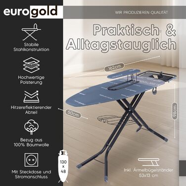 Прасувальна дошка EUROGOLD® XXL 130x48 см з турбочохлом та дощечкою для рукавів - для парогенераторів (Виготовлено в Європі) - з розеткою - стабільна та регульована по висоті, блакитна