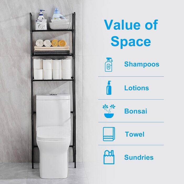 LIUBEI 3-Tier Toilet Shelf, Bathroom Shelf Space-Saving, Black Bathroom Organizer Shower Shelf Easy Assembly