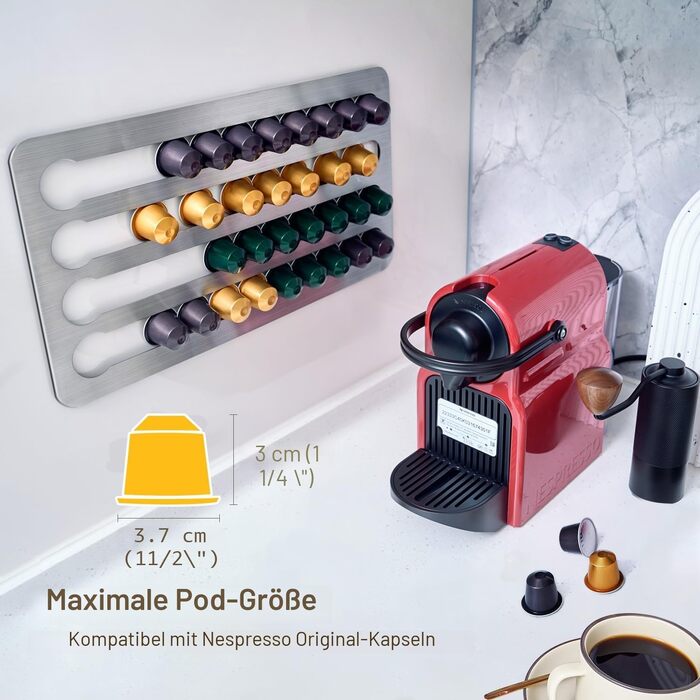 Тримач-органайзер для капсул Nespresso Original з нержавіючої сталі на 40 шт, поворотний самоклейний диспенсер для кухні (40.6 x 21.8 см)