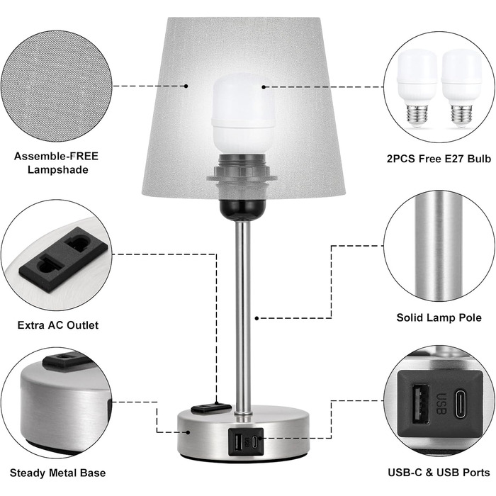 Настільна лампа Kakanuo з торшетом, 2 шт., з USB-портами та диммуванням, для спальні, вітальні, дитячої кімнати, офісу, тканинний абажур, колір: сірий-сріблястий