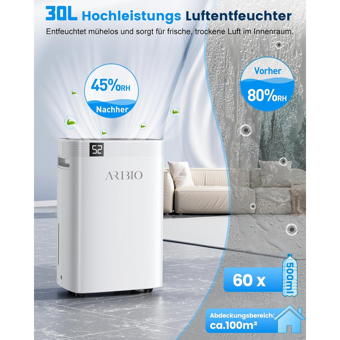 Електричний осушувач повітря 30л з LED-дисплеєм, таймером та функцією відтавання. Підходить для квартир, ванних кімнат та підвалів. Осушувач повітря високої продуктивності, 200 м³/60 м²