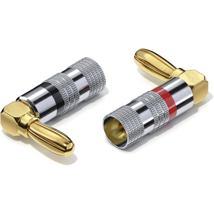 Бананові конектори Sonero® для акустичних кабелів до 6 мм², 4 шт. з кольоровим кодуванням (12x червоний, 12x чорний), 24K позолота (набір 4 шт., кут 90°, Single)
