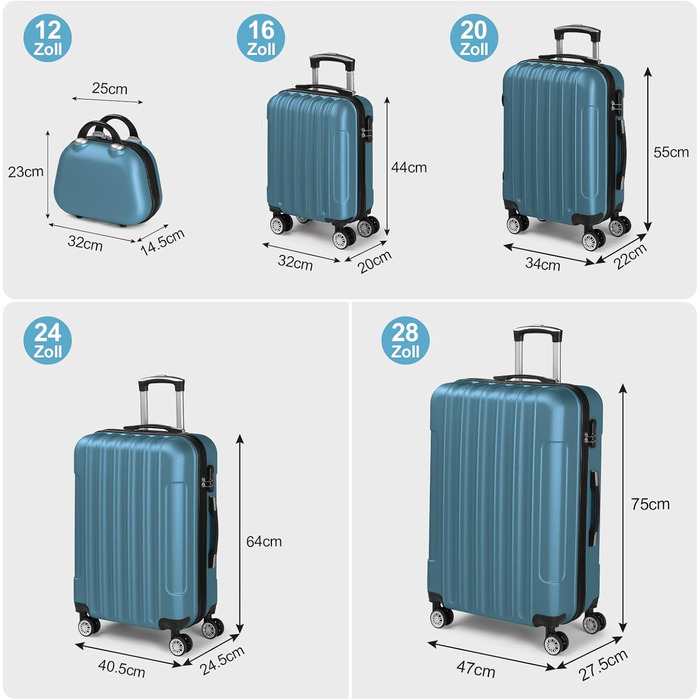 Набір валіз LALAHO 5 шт. з косметичкою, з ABS пластику, для подорожей, багаж з косметичкою та ручною поклажею, Бордовий (смужки)