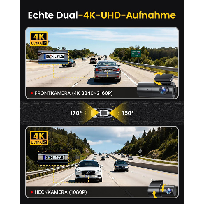 Автомобільний відеореєстратор GKU 4K+1080P (передній та задній), 5GHz WiFi, з карткою пам'яті 64GB, глянцевий чорний