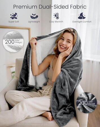 Електрична ковдра AnySun з підігрівом 180x130 см з автовимкненням, 6 режимів нагріву, таймер 10 годин, захист від перегріву, для ліжка, дивану, машинне прання, сіра