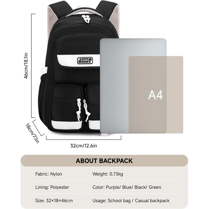 Шкільний рюкзак для підлітка: містка модель для дівчаток 3-5 класів, для середньої та старшої школи, зручний для подорожей та відпочинку (чорний)