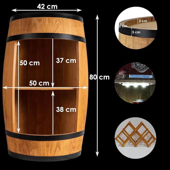 CREATIVE COOPER Fass bar LED RGB with wine holder - wine rack - wooden barrel home bar 80x50cm - rustic decor bar cabinet wine stand – wine cabinet (Light Brown)