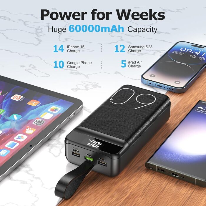 Power Bank 60000mAh 22,5W з LED-дисплеєм: Швидка зарядка USB-C, 4 виходи, 3 входи для більшості пристроїв