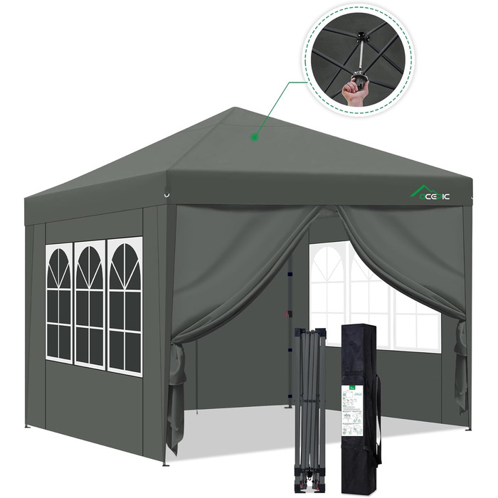 One-Touch Pop-Up Pavilion 3x3 Waterproof, Stable, Winter-Proof with Side Walls, Folding Pavilion with Thickened Tubes, for Garden, Party, Camping, Outdoor, Steel Frame, with 4 Side Walls, Dark Grey (Grey)
