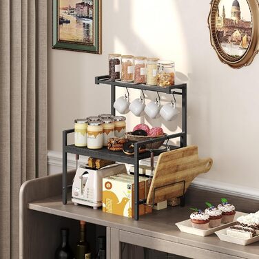 Поличка для мікрохвильової печі, кухонна поличка, 2 яруси, з підставкою для обробної дошки, органайзер з 8 гачками, чорний, ABRBN5301