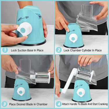 Ручна тертка для сиру та овочів Diealles Shine з ручкою, 3 змінні леза з нержавіючої сталі, для сиру, овочів, горіхів, кави (блакитна)