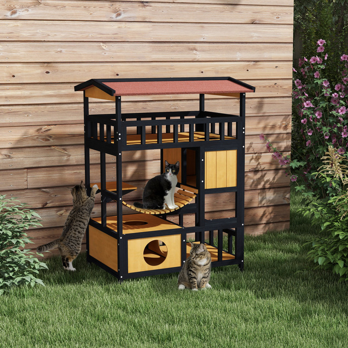 PawHut Cat House, Cat Paradise with Platforms, Suspension Bridge, and Cat Caves, Suitable for up to 2 Cats, Wood