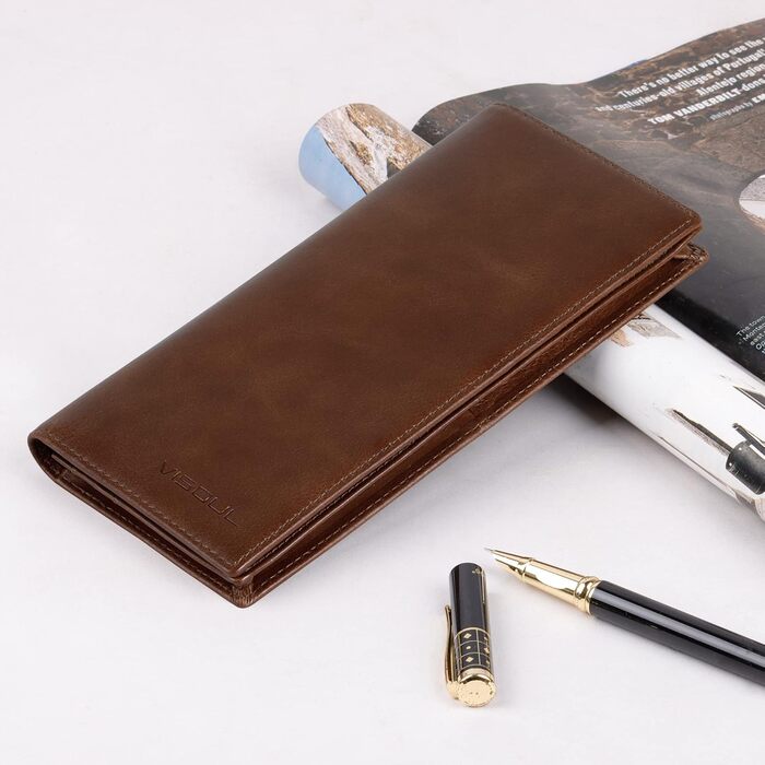 VISOUL Genuine Leather Wallet, Real Vintage Leather XXL, Long Wallet, Credit Card Holder, Men's Wallet, RFID Protection, Wallet, Purse, Wallet, Portmonee, Carbon Brown