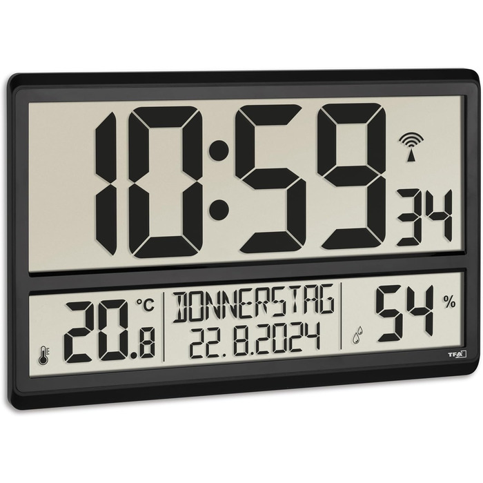 TFA Dostmann XL Wall Clock digital, 60.4520.01, with temperature and humidity, weekday (8 languages), radio-controlled clock, easy to read, large, black