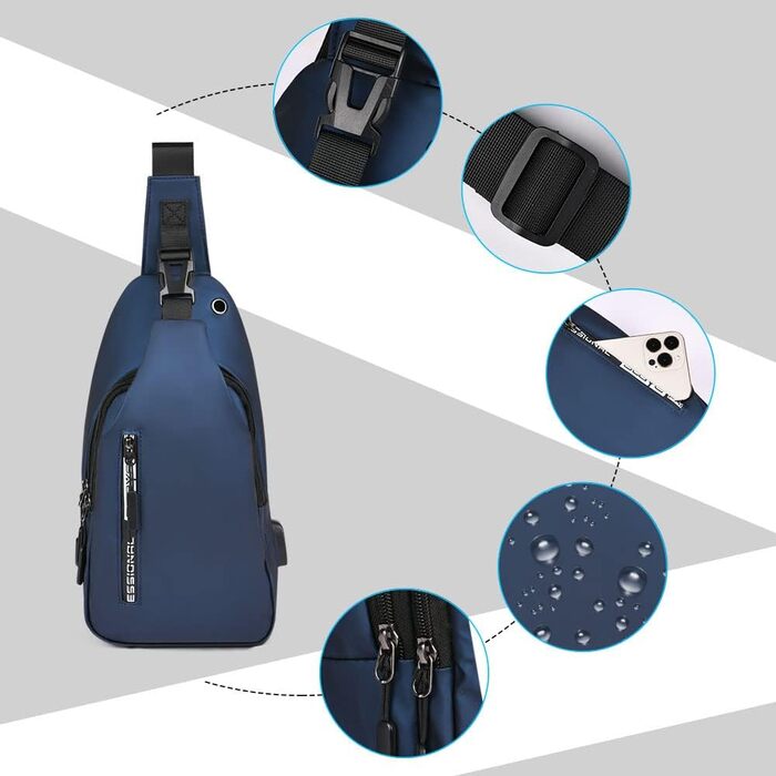 Чоловіча нагрудна сумка через плече, Oxford-тканина, USB-порт для зарядки, водонепроникна, для спорту, роботи, велосипеда, подорожей (Синій #4)