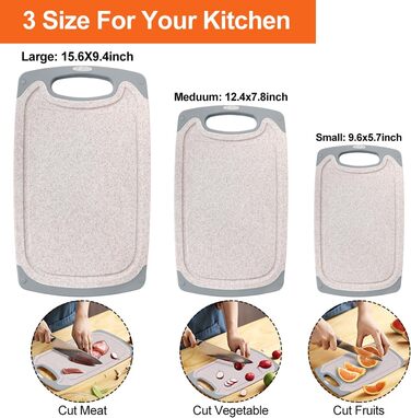 Набір обробних дощок KIMIUP з пластику, 3 шт. з неслизькими ручками, BPA-Free, для кухні, набір дощок для нарізання, миючі в посудомийній машині