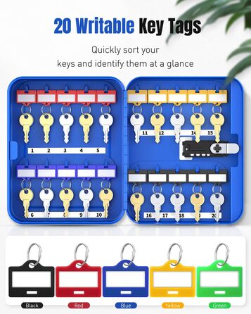 Шкафчик для ключів Uniclife на 60 позицій з комбінацією та ключовим замком, переналаштовується, цифрова скринька безпеки, органайзер для ключів з регульованими полицями (20 ключів, блакитний)