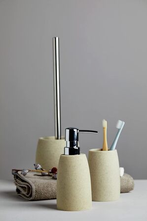 Набір для туалету WENKO Goa: тримач щітки з важкого полірезину (імітація каменю) та щітка з змінним насадком, бежевий, 11,8 x 38,5 см