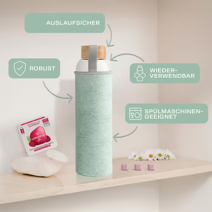 waterdrop® Mother's Day Gift Set - Glass Bottle 1 Liter incl. 18 sugar-free Drops - Gift for Women - Sampler Pack with Water Bottle, Flavor Drops & Vitamins - Carbonated Water Suitable Bottle