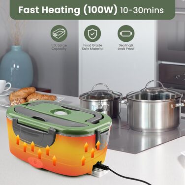 Electric Lunch Box 100W, 3-in-1 Portable Heated Lunch Box, 1.5L Stainless Steel Removable Food Container, 12V/24V/220V Insulated Food Warmer Box for Car/Truck/Office (Green & Gray, 1.5 L)