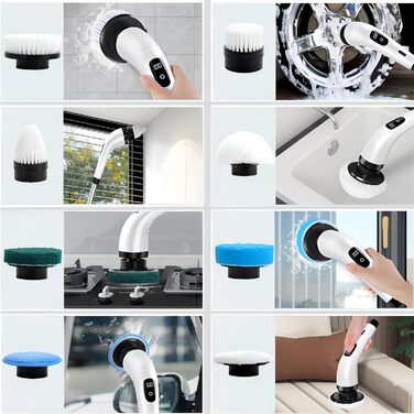 Електрична ротаційна щітка для прибирання: 8 насадок, регульована ручка, USB-C зарядка. Підходить для підлоги, плитки, ванної, кухні та душу