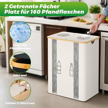 Laundry basket with 2 compartments, deposit bottle collection container with lid, container for deposit bottles, glass recycling, and paper waste collection, deposit bottle container bamboo with bag, must-have (Beige/Cream, XXL)