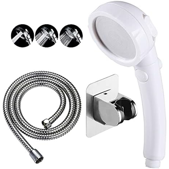KAIYING Drill-Free High-Pressure Handheld Shower with ON/OFF Pause Switch, 3 Spray Modes, Water-Saving Shower Head, Detachable Puppy Shower Accessory (M: Shower Head + Holder + Hose) (White)