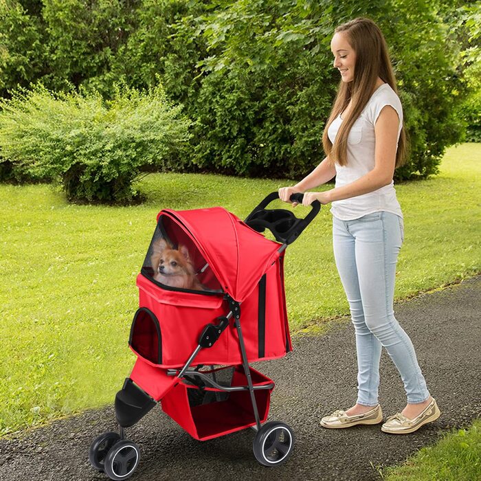 Дитяча коляска для тварин, складана, для котів/собак, з кошиком для зберігання та тримачем для напоїв, 3 колеса, для собак та котів, для маленьких або середніх собак, котів, цуценят (Червона)