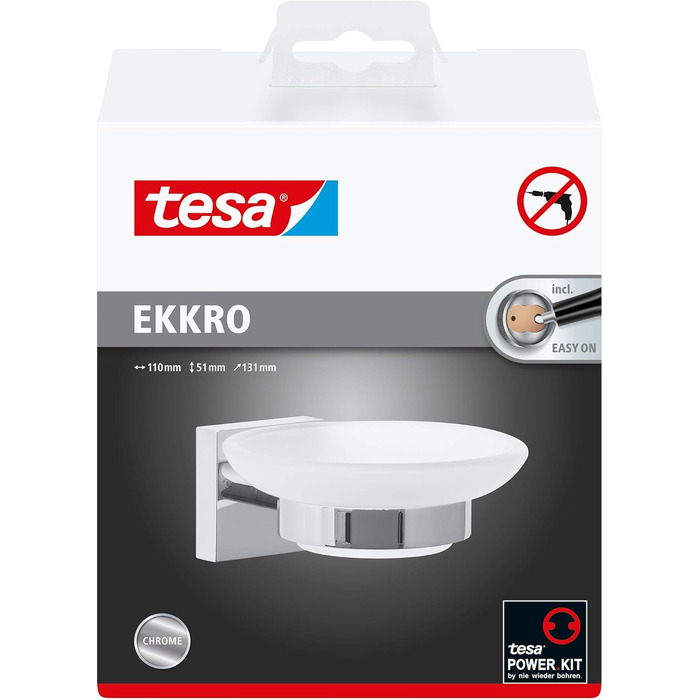 tesa EKKRO Soap Dish with Wall Holder, Satin Glass and Chrome-Plated Stainless Steel - for wall mounting without drilling, incl. adhesive solution - 110mm x 51mm x 131mm