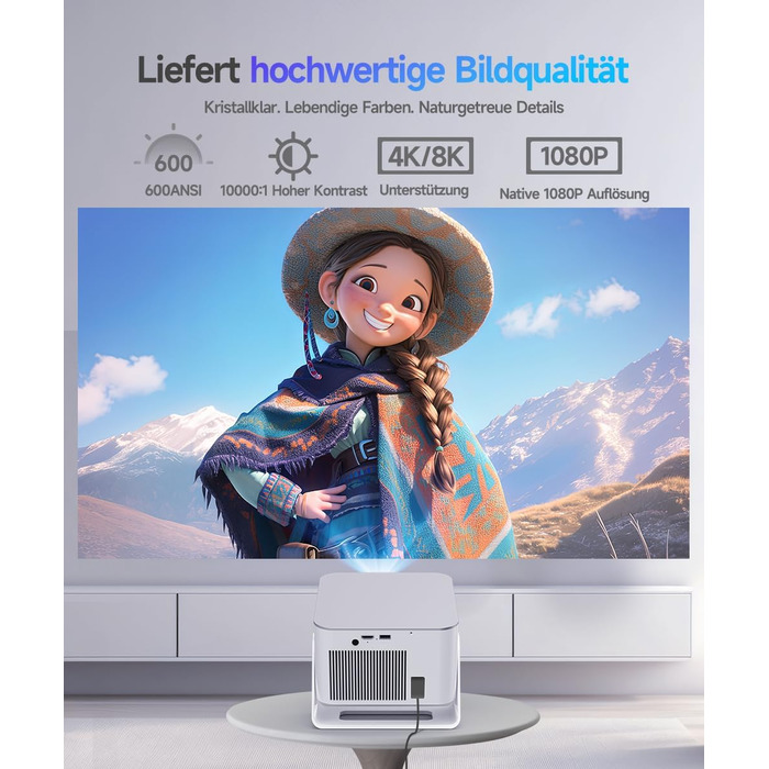 Проектор Alwtniet Mini Beamer 4K 8K з Android 14, WiFi 6, Bluetooth 5.4, Автофокус та Автокорекція, 180° поворот, для домашнього кінотеатру, HY350MAX