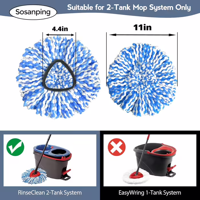 Spin Mop Replacement Head, 3 Pack, Replacement Mop Head, compatible with Ocedar RinseClean 2-Tank System, Microfiber, machine washable, easy to replace and deep cleaning, Blue3694