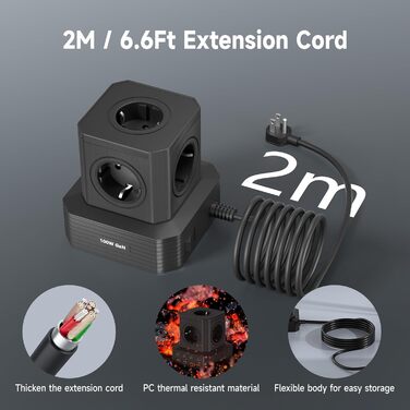 Мережевий фільтр з USB-портами Power Tower - зарядний станція для дому, офісу та студентів. 5 розеток AC, 8 USB (4 USB-C), 2м кабелю, захист від перевантаження