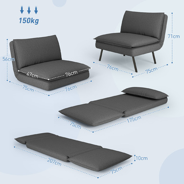 HOMCOM 4-in-1 Floor Sofa, Convertible Sofa Bed with Linen Look, Upholstered with a Load Capacity of up to 150 kg for Bedrooms, Living Rooms, Dark Grey | Aosom