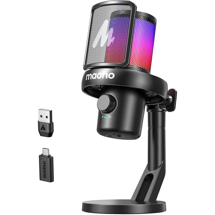 Мікрофон MAONO DM40 бездротовий для ПК з RGB підсвіткою та ШІ-зміною голосу, 3-рівнева шумоподавлення, для геймінгу, подкастингу та стрімінгу (чорний)