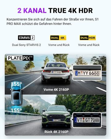 Автомобільний відеореєстратор VANTRUE S1 PRO MAX 4K + 4K з двома камерами (передня та задня), Sony STARVIS 2, нічна зйомка HDR, 24Гдн режим паркування, 5.8ГГц Wi-Fi, GPS, ADAS, підтримка LTE та карт пам'яті до 1ТБ