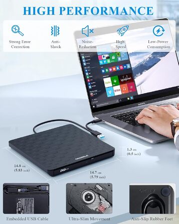 Зовнішній DVD-привід ORIGBELIE, CD-брунер з 4 USB та 2 TF/SD слотами, ультратонкий оптичний накопичувач для ноутбука, ПК, Mac OS, Windows, Linux