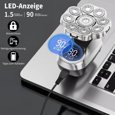 Електричний гоління для чоловіків Glatzen 9D – гоління голови, мокрого та сухого типу, водонепроникний, з LED дисплеєм, блокуванням від подорожей, набір для догляду з 6 насадками для обличчя та тіла