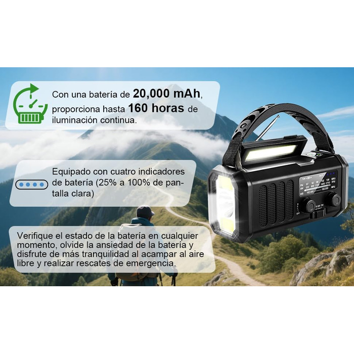 Радіостанція на сонячній батареї з живленням від ручки, 20000 mAh, SOS-сигнал, FM/AM, ліхтарик, компас, для кемпінгу та надзвичайних ситуацій (Чорний)