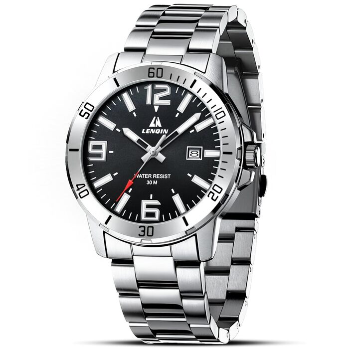 Годинник чоловічий LN LENQIN з нержавіючої сталі, водонепроникний, з датою, кварцовий, аналоговий, бізнес-стиль (сріблястий, чорний)