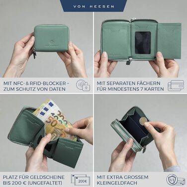 VON HEESEN Leather Wallet with RFID Blocker - Wallet for Women & Men made of Genuine Leather - Wallet with Coin Pocket - Purse for Women and Men in Turquoise (Silver Pine)