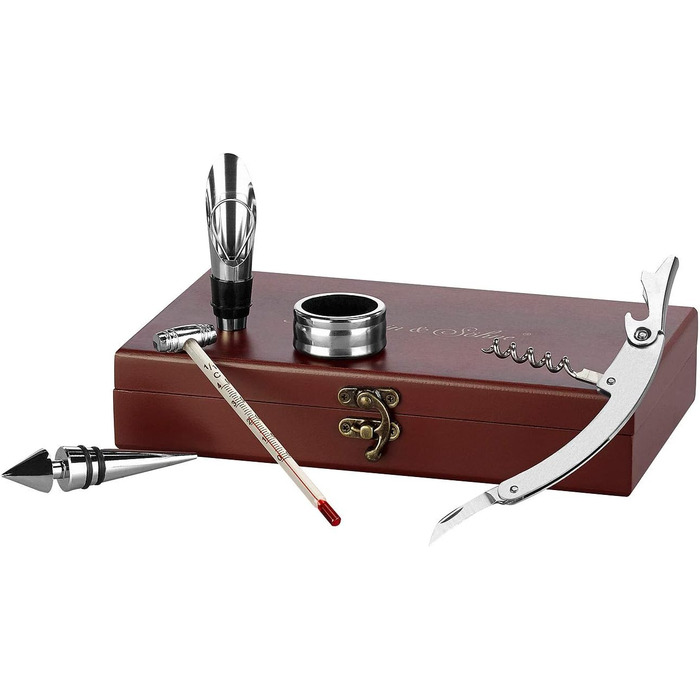 Набір для вина Rosenstein & Söhne: елегантний набір сомельє з 6 частин у дерев'яній шкатулці (інструмент сомельє, кельнерський ніж)